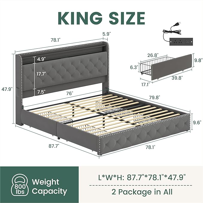 LARMACE King Bed Frame with 4 Storage Drawers and USB Charging Station Velvet Tufed Upholstered Platform Bed Frame with Headboard LED Light, Heavy Duty Platform/Noise Free, Easy Assembly, Grey