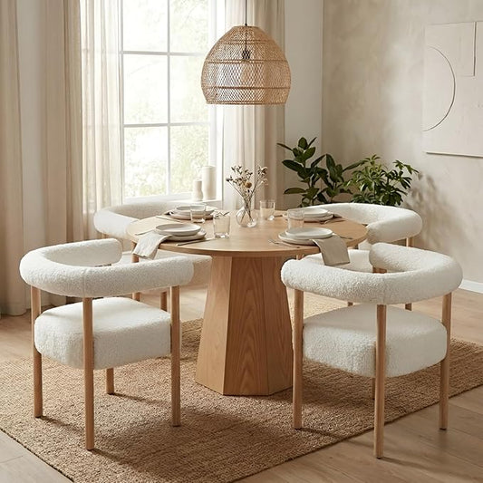 Mid-Century Modern Dining Chairs Set of 4, Armrest Barrel Dining Chairs Side Accent Chairs with Curved Back, Upholstered Wood Armchairs for Kitchen, Sherpa White