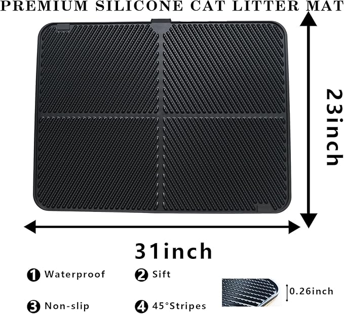 Silicone Cat Litter Mat,Extra Large Litter Trapping Mat,Waterproof Litter Box Mat for Floor,Easy Clean,Non-Slip Litter Catcher Mat,Cat Supplies Needs (Black, 31x23x0.26 in)