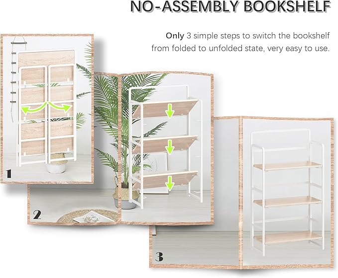 4NM No Assembly Folding Bookshelf, 3-Shelf 42.1" H Collapsible Foldable Bookcase Storage for Small Spaces, Natural White
