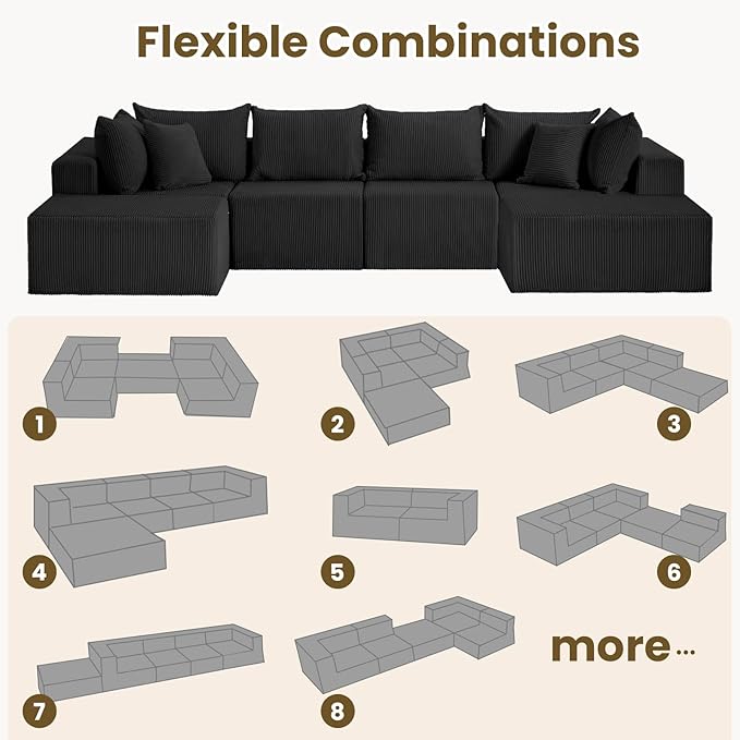 Oversize 131” Boneless Couch for Living Room, Comfort U Shaped Cloud Couch Sectional, Extra Deep Seats Corduroy Modular Sectional Sofa No Assembly,Black