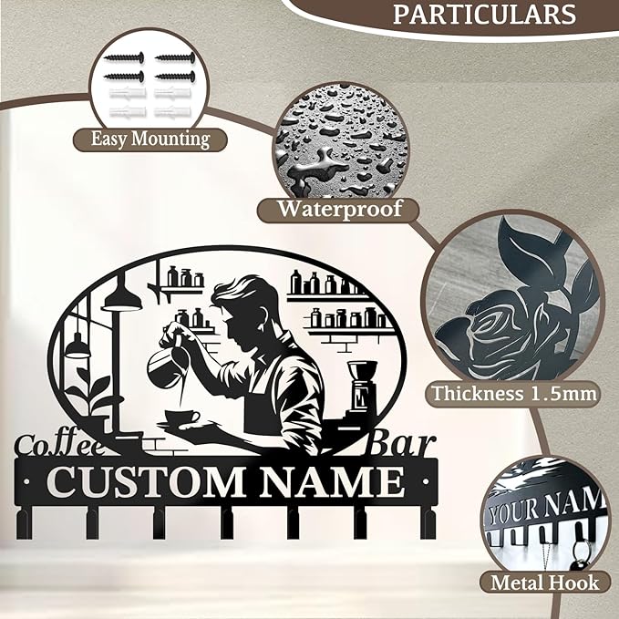 Coffee Bar Keys Holder - Metal Iron Wall Hooks with Custom Name | Personalized Home Decor & Gift Idea | Coffee-Themed Text Engraving Design (Style E)