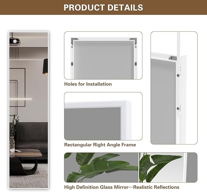 ANYHI Over The Door Mirror, 47" x 12" White Door Mirror Full Lenth, 2 Hooks, Door Mount or Wall Mount, for Bedroom, Living Room, Bathroom