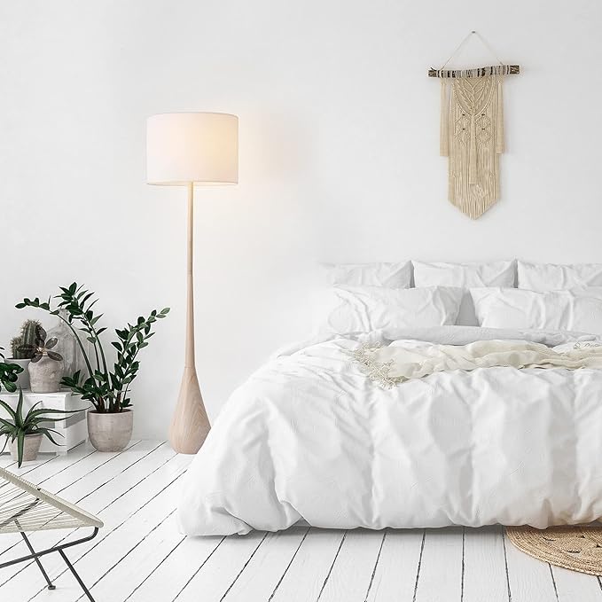 GLOBE Electric 65" Floor Lamp, Wood-Toned Finish, White Cotton Shade, Japandi Style, E26 Base, On/Off Rotary Switch, 5-Ft Cord, 52112