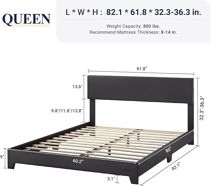 Allewie Queen Bed Frame with Adjustable Headboard, Faux Leather Platform Bed with Wood Slats, Heavy Duty Mattress Foundation, No Box Spring Needed, Noise-Free, Easy Assembly, Black