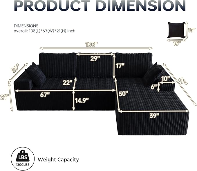 108" Sectional Couches for Living Room, Modular Sectional Sofa with L-Shape Chaise, Boneless Couch, Comfy Corduroy Fluffy Couch with Deep Seat and Side Pockets, No Assembly Required