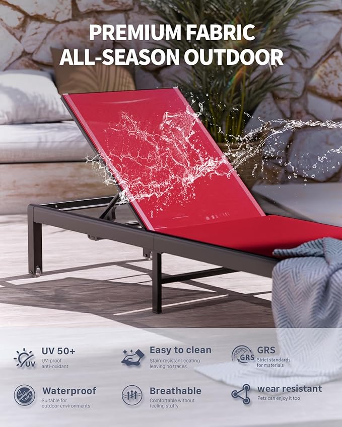 Aluminum Lounge Chairs Outdoor Chaise Furniture,2 Sets Patio Metal Deck Lounger Adjustable 5-Position Poolside Chase Recliner with Wheels for Beach,Coffee Table, (Red, 2 Chair)