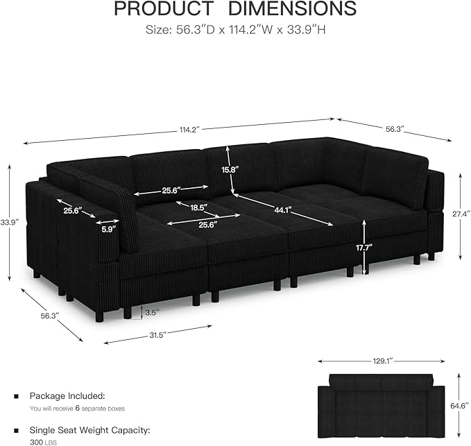 114.2" 8 Seat Modular Sectional Sofa with Deep Storage Seat, Comfy Corduroy Sectional Couch Convertible Modular Sleeper Sofa Couch with Movable Ottoman Chaise, Black