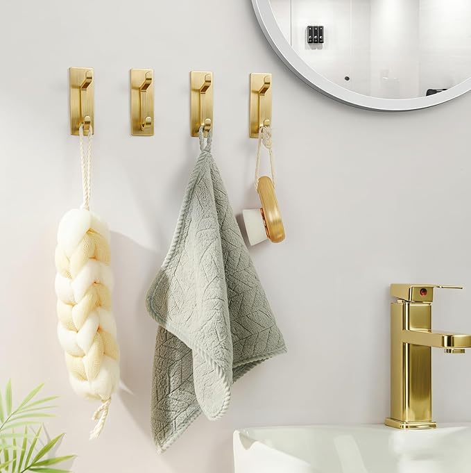 pickpiff Wall Hooks for Coat and Towel: 13LB Adhesive Door Hanger Stick on, Brushed Gold