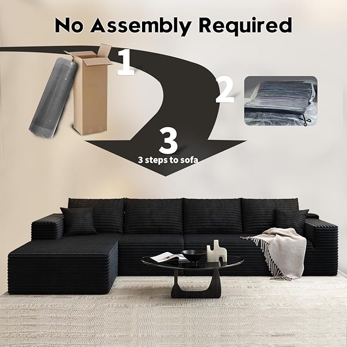 135.4" Cloud Modular Sectional Sofa Couch with L-Shape Chaise,Modern Minimalist Upholstered Couches for Living Room Bedroom,Deep Seat Corner Couch，No Assembly Required (Black,Left Facing Chaise)