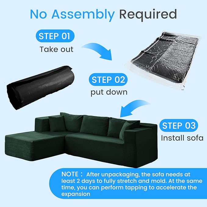 PUREMIND 106" Cloud Sectional Couch for Living Room, Corduroy L Shape Sofa with Deep Seat, Modern Green Couches Modular Boneless Foam Couch Corner Couches, No Assembly Required