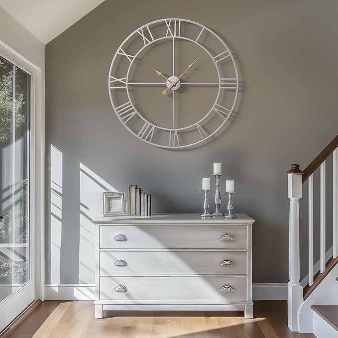 Cuspin Extra Large Wall Clock 36 Inch Silver Wall Clocks for Living Room, Modern Decorative Metal Wall Clock Battery-Operated Completely Silent Non Ticking Roman Numeral Analog Round Clock