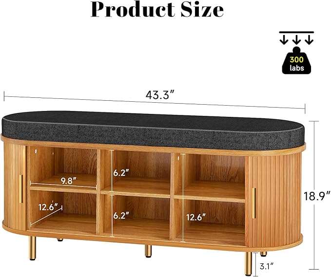 DHH Entryway Bench with Shoe Storage Fluted Shoe Storage Sliding Door and Adjustable Shelf with Cushion,2-Tier Shoe Rack Cabinet for Entryway, Bedroom, Living Room, (Yellow Walnut)