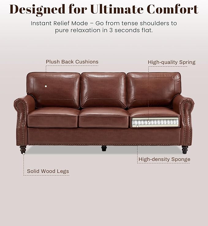 WILLOVE Faux Leather Sofa, Mid Century Modern Couch with Rolled Arm & Nailhead Trim for Living Room, Office - Retro Brown