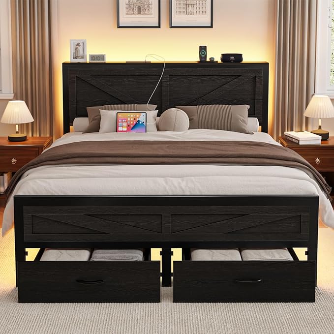Rustic King Size Bed Frame with Storage Drawers and Barn Door Headboard, Farmhouse LED King Bed Frame with Charging Station, Metal Industrial Platform Bed Frames, No Box Spring Needed, Black