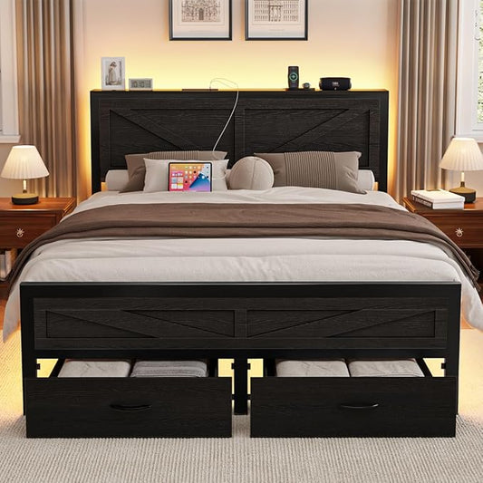 Rustic Full Size Bed Frame with Storage Drawers and Barn Door Headboard, Farmhouse LED Bed Frame Full with Charging Station, Metal Industrial Platform Bed Frames, No Box Spring Needed, Black