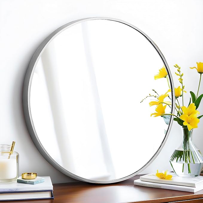 24" Round Mirror Circle Wall Mounted Hanging or Against Wall Aluminum Alloy Metal Frame Dressing Make-up Mirrors for Entryway Bedroom Bathroom Living Room 24 inch Silver
