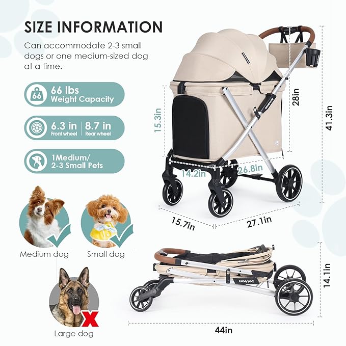 X6 Luxury Pet Stroller for Medium Dogs up to 66 lbs, One-Second Fold Design, 180° Canopy, 4-Wheel Shock Absorption (Beige)