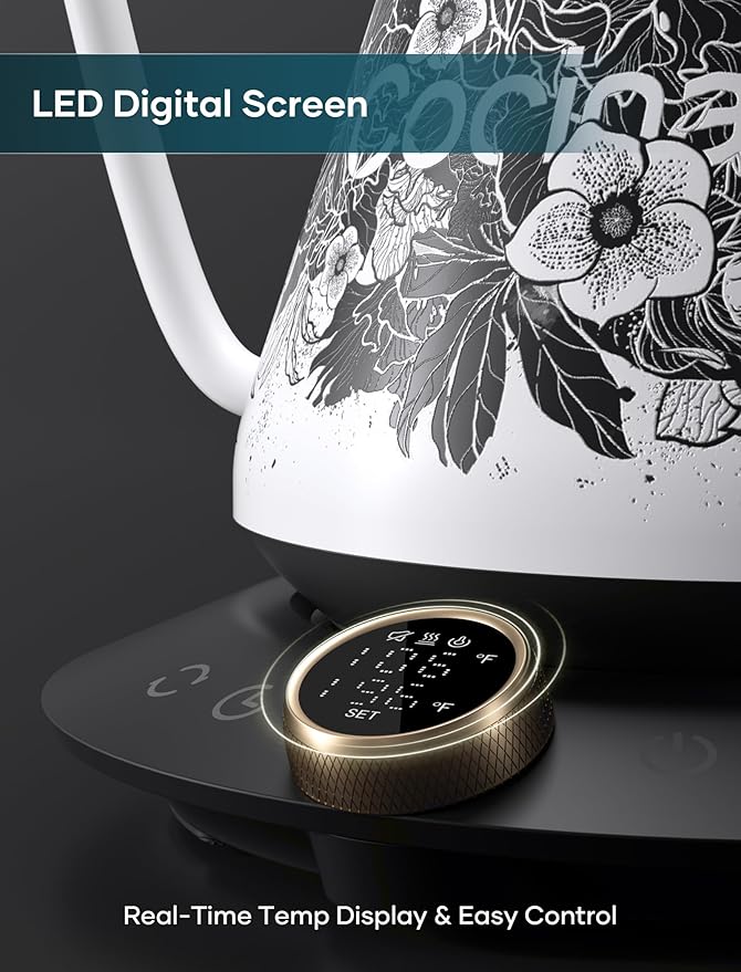Cocinare FLOW M9 Gooseneck Electric Kettle with Precise ±1℉ Temperature Control for Pour-over Coffee and Tea, Stainless Steel Interior, Quick Heating Electric Kettle for Boiling Water (Blossom)