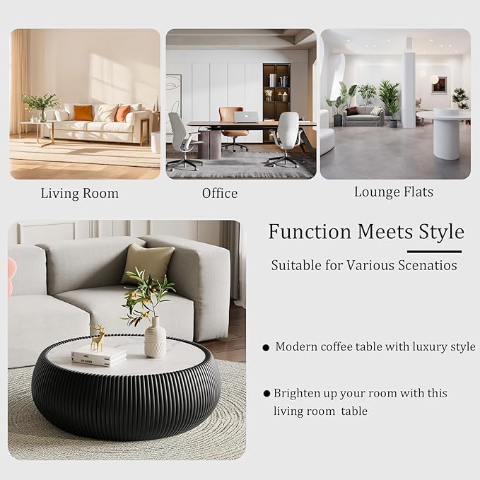 Black Round Coffee Table with Sintered Stone Tabletop, 27.55" Drum Coffee Table with Fluted PU Leather Covered and Stable Base, Circle Cocktail Tea Table for Living Room