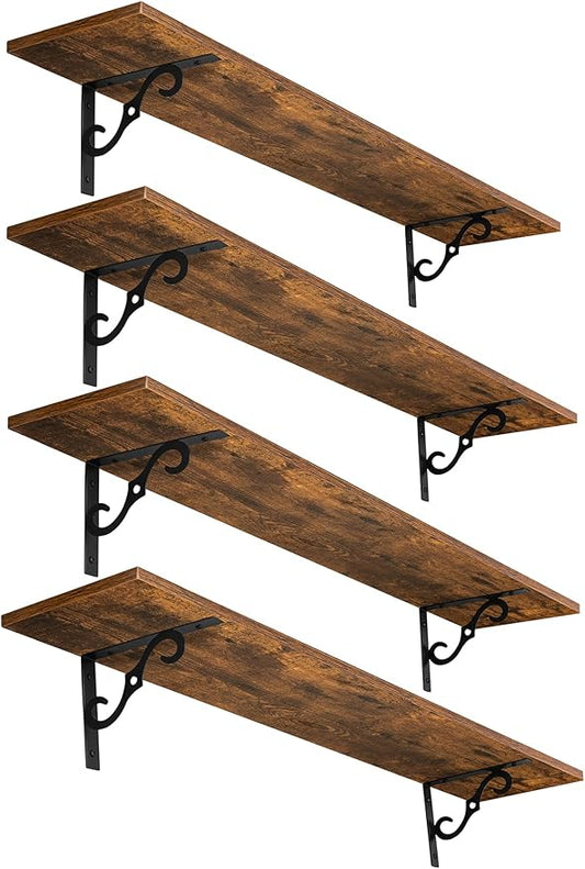 DINZI LVJ Long Wall Shelves, 39.4" Large Floating Shelves Set of 4, Farmhouse Display Shelf Wall Mounted with Heavy Duty Brackets, Easy Assembly for Kitchen, Bathroom, Bedroom, Balcony, Rustic Brown