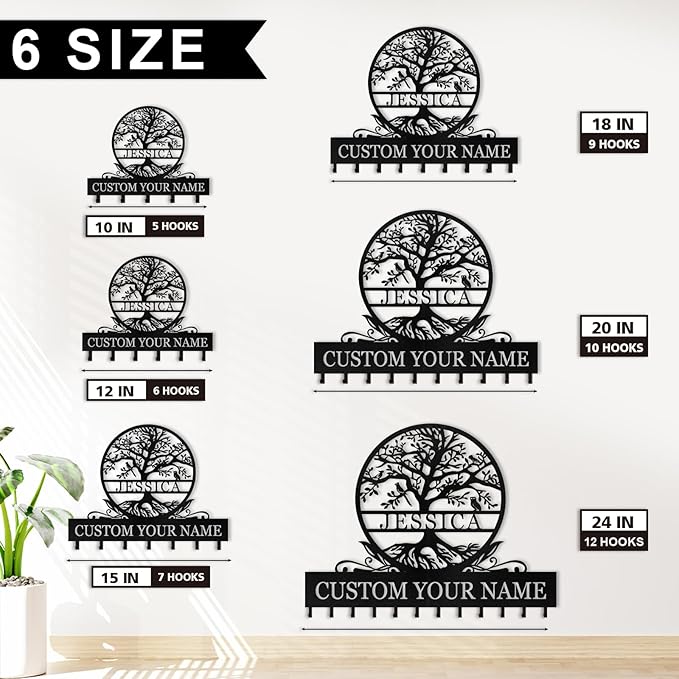 Personalized Metal Key Holder Wall Mount, Custom Name Tree of Life Key Holder for Wall, Key Organizer Rack with Hooks, Home Decor for Living Room Entryway Bathroom Kitchen, Housewarming Gifts Color04