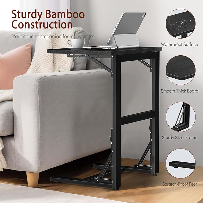 Tatub 24'' Folding TV Tray Table, Bamboo C Shaped End Table Slide Under Couch, Small Sofa Side Laptop Desk for Living Room, Bedroom, Black