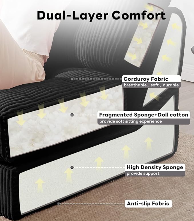 Tbfit Folding Sofa Bed, Convertible Sleeper Chair with Large Pillow, Corduroy Folding Couch Bed, Portable & Foldable Mattress Boneless Floor Sofa for Living Room, Bedroom, Office, Black, Single