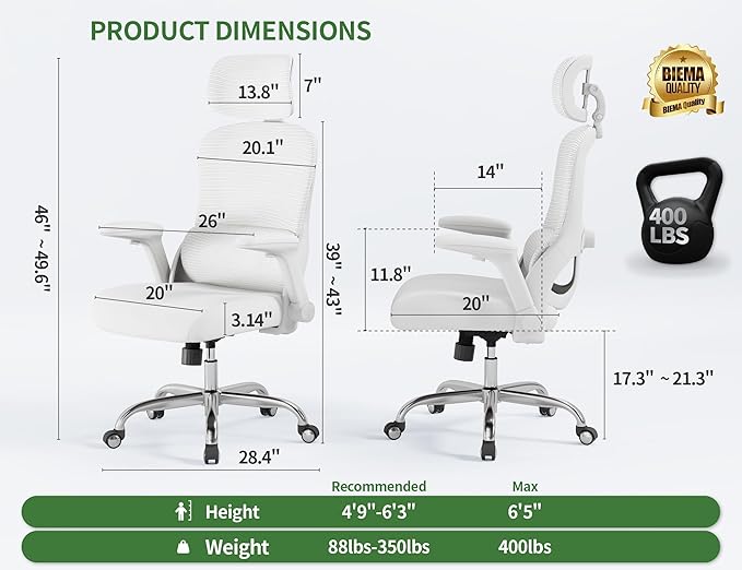White Ergonomic Office Chair: Mesh Desk Chair Comfy with Adjustable Lumbar Support 400lbs High Back Computer Gaming Chair - Big and Tall Office Chairs with Extra Wide Seat-Adults Home Office