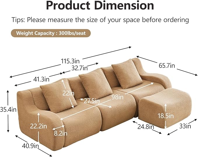 Camel L-Shaped Cloud Couch with 1 Ottoman, Modern Teddy Fabric Boneless Sectional Sofa in a Box, Modular Floor Sofa for Living Room, Deep Seat, No Assembly Required, Sofas para Sala