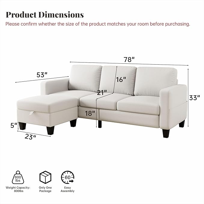 Small Sectional Couch, L Shaped Sectional White Couch in a Box, Small Couches with Ottoman, 3 Seater Sofa for Living Room, Apartment, Dorm, Office