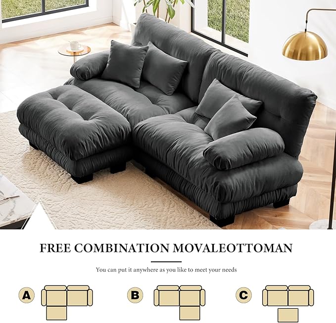 94.4" Loveseat Sofa, 2 Seater Modular Sectional Sofa, Grey Large L Shaped Sectional Fluffy Couch, Chenille Cloud Couch with Ottoman, Deep Seat Sofas for Living Room