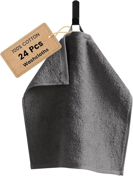 SEMAXE 100% Cotton Washcloths for Bathroom - 24 Pack, Quick-Dry Face Towels with Hanging Loop, Highly Absorbent and Soft, 13x13 Inch, Grey