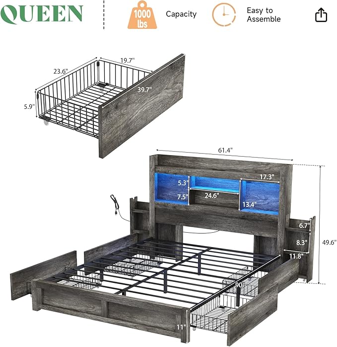 AMERLIFE Queen Bed Frame with 4 Storage Drawers, LED Bed Frame with 49“ Tall Bookcase Headboard, Wood Platform Bed with Charging Station & 2 Slide Bedside Shelf, No Box Spring Needed/Rustic Grey