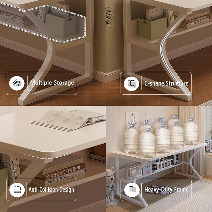 Extra Long Desk with Bookshelf - 63" Double Long Writing Table for 2-Person Workstation, Modern Study Work Computer Desk for Home and Office, Gold
