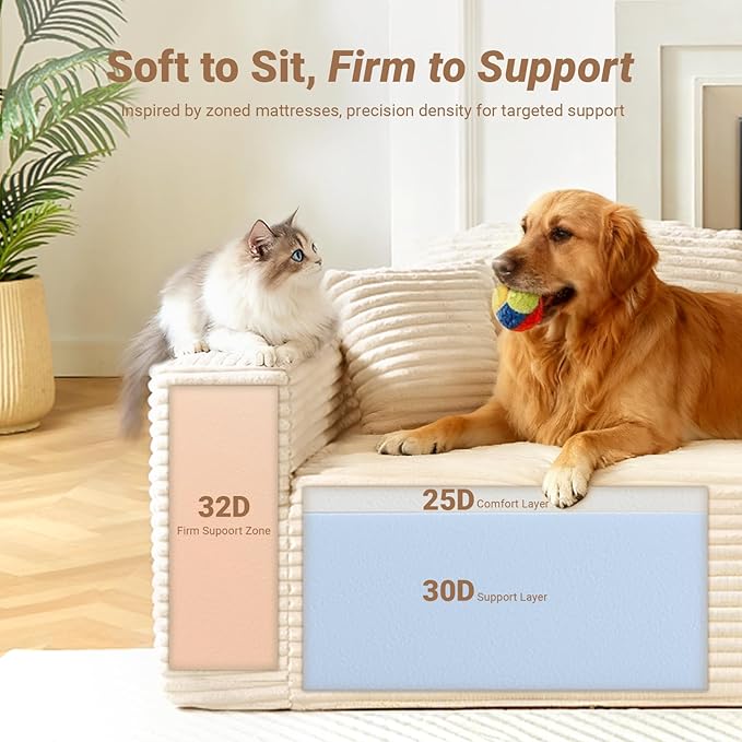 108" Boneless Couch, Cloud Couch Modular Sectional Sofa with Deeper Seat, L-Shaped Sofa with 4 Storage Pockets, Comfy Corduroy Couches for Living Room (Right Facing Chaise, Beige)