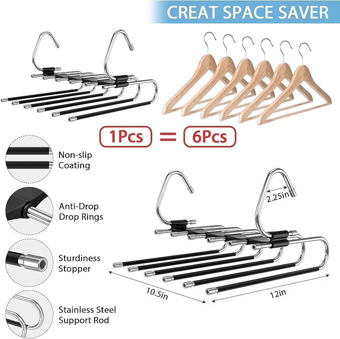 Upgrade 6 Layers Pants Hangers Space Saving, 2 Pack Stainless Steel Multifunctional Rack Non Slip S-Type Pant Closet Organizer Saver for Leggings Jeans Trousers Scarf, Black