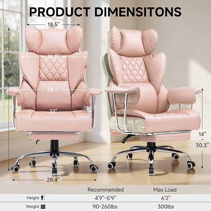 COMHOMA Big and Tall Office Chair, High Back Leather Gaming Chair with Footrest, Executive Ergonomic Office Chairs with Pocket Spring Lumbar Support and with Outward Fixed Soft Armrests