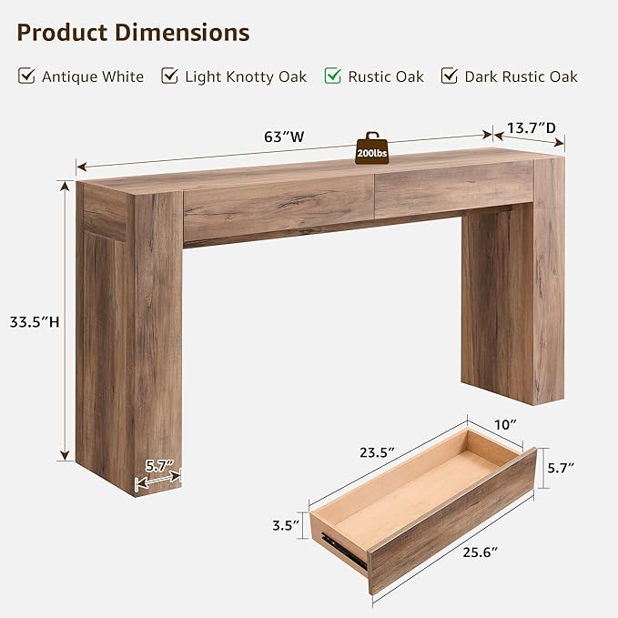 OKD Modern Entryway Console Table, Sofa Table with Drawers, 63" Long Hall Table Behind Couch, Thick Wood Design for Living Room, Hallway - Rustic Oak