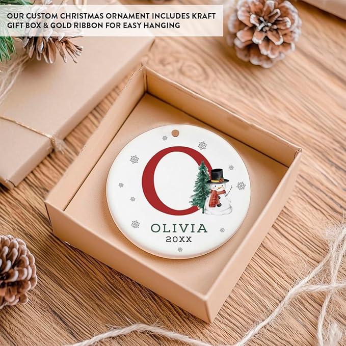 Andaz Press Personalized Christmas Ornaments, Custom Name, Initial O Monogram Snowman 2.8" Ceramic Porcelain 2025 Christmas Ornament Keepsake for Kids, Boys, Girls, 1-Pack Initial Ornaments