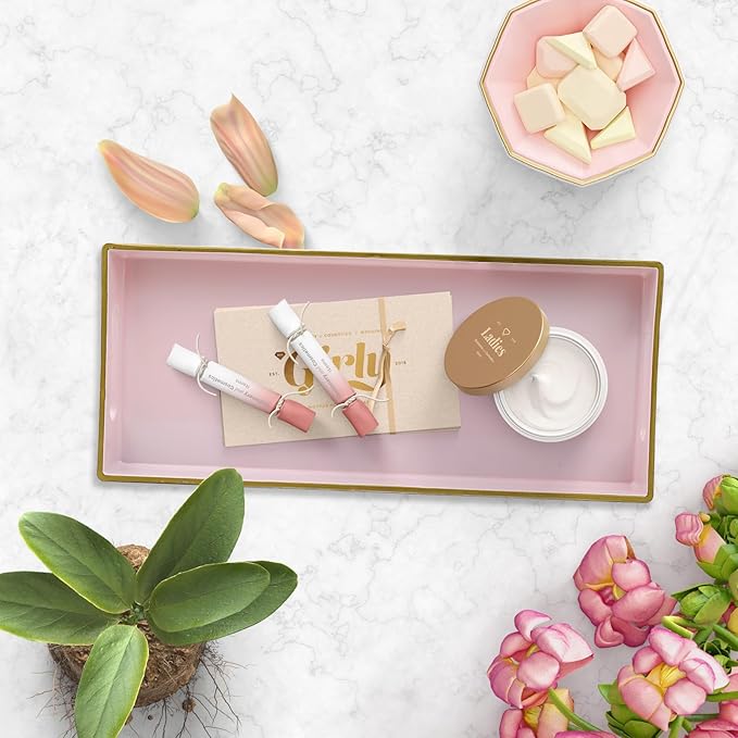 Pink Vanity Tray with Handles, Decorative Tray Desktop Storage Organizer for Bathroom, Living Room, 5.9"*13.7"