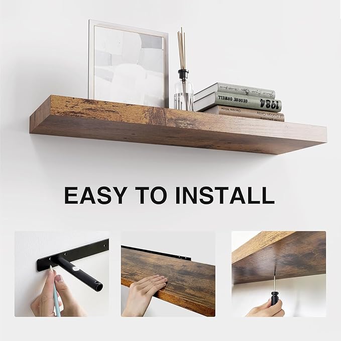 Floating Shelves for Wall Set of 3, 24in Hanging Shelf for Books, Storage, Room Decor, Rustic Wood Wall Mounted Shelves for Bathroom, Toilet, Bedroom, Living Room, Kitchen, Office, Rustic Brown