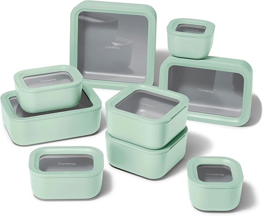 Caraway 22pc Glass Food Storage Set - Storage Containers for Food - Non-Toxic Ceramic-Coated Glass - Air Release Technology - Compact & Stackable Design - Mist