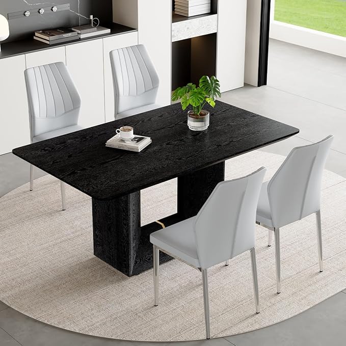 63" Modern Black Dining Table Set for 4 with Chairs, 5 Piece Rectangular Dining Room Table and 4 PU Leather Chairs, Kitchen Dining Set with Matte Wood Finish, Geometric Base, Easy Assembly