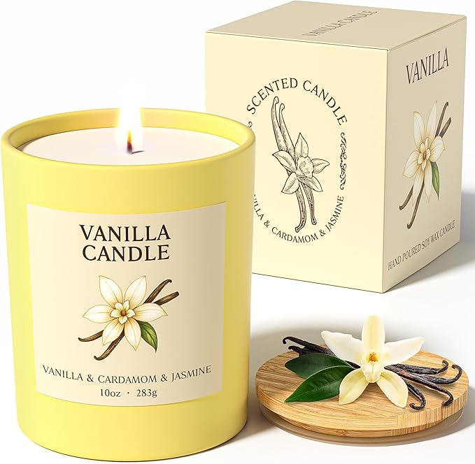 NORVENCE Vanilla Candle, Vanilla Scented Candles for Women, 10oz Soy Candles with Bamboo Lid for Home Scented, Birthday Gifts for Women and Men, Hand-Poured Candle for Relaxation, Home Decor