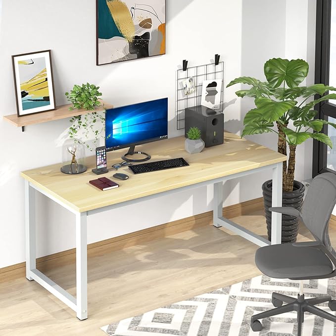 NSdirect 63" Computer Desk,Large Home Office Desk Wide Workstation 1 inch Thicker Tabletop for Writing,Games and Home Work PC Desk Modern Finish Wood Board and Sturdy Steel Legs,Oak+White