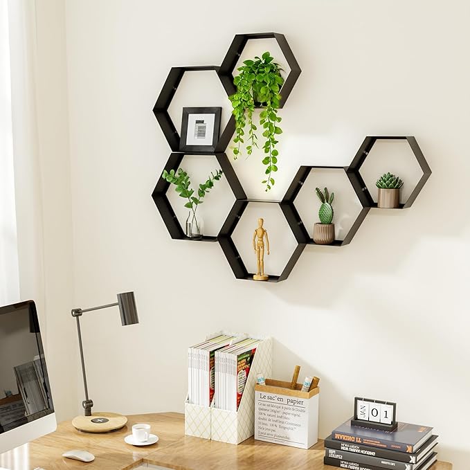 Gonice Black Metal Hexagon Floating Shelves Set of 6 Honeycomb Shelves Home Decor Wall Shelf for Living Room Bedroom Office