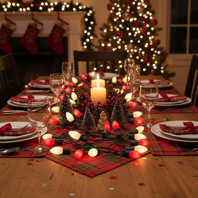 C7 LED Red and White Christmas Lights,25ft Outdoor String Lights with 27 Red White LED Bulbs(2 Spare),Connectable Outside Christmas Lights for Xmas Tree Party Roof Decoration,Green Wire