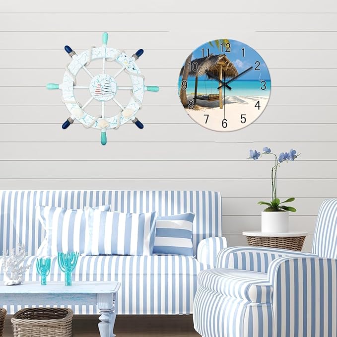 XFM Beach Wall Clock 14 Inch Blue Glass Wall Clocks Battery Operated Silent Non Ticking Hawaii Summer Tropical Coastal Clock for Bedroom Living Room Office