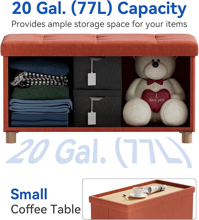 BRIAN & DANY 30 Inches Folding Storage Ottoman Bench, Ottoman with Storage Bench for Bedroom, Living Room, Entryway, Foot Rest with Legs, Orange